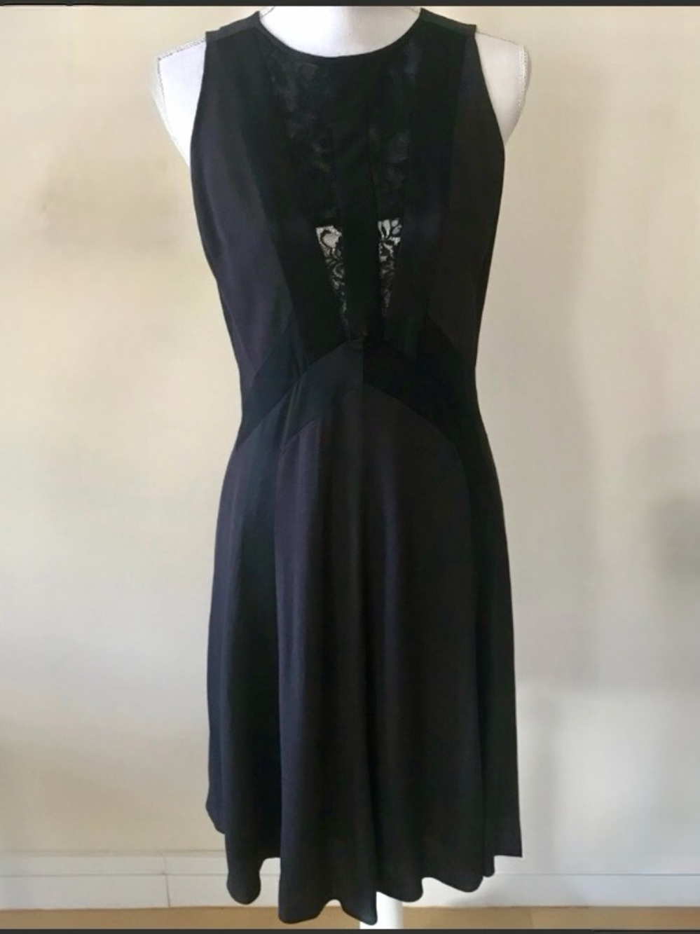 Rebecca Taylor Crepe & Lace Sleeveless Fit & Flare Cocktail Little Black Dress